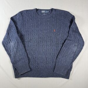 Polo Ralph Lauren Sweater Mens Large Blue Cable Knit Silk Crewneck Pullover